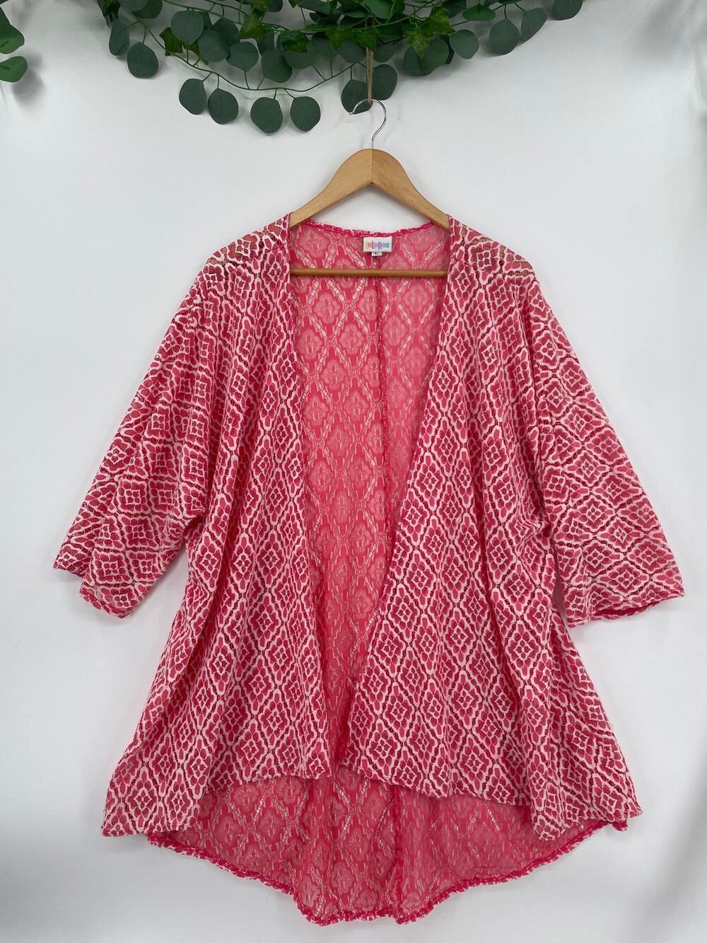 LulaRoe Womans Coral Pink White Lace Style Kimono Duster Coverup Large